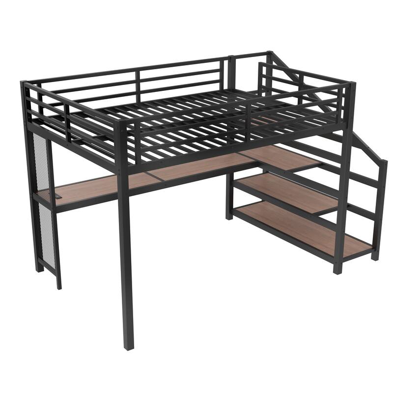 Queen Size Loft Bed Frame with Built-in Desk, Storage Stairs, LED Lights, Charging Station and Multifunctional Iron Nets