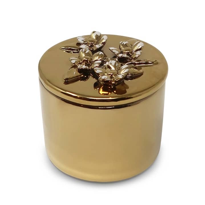 Gold Decorative Round Box with Flower Lid
