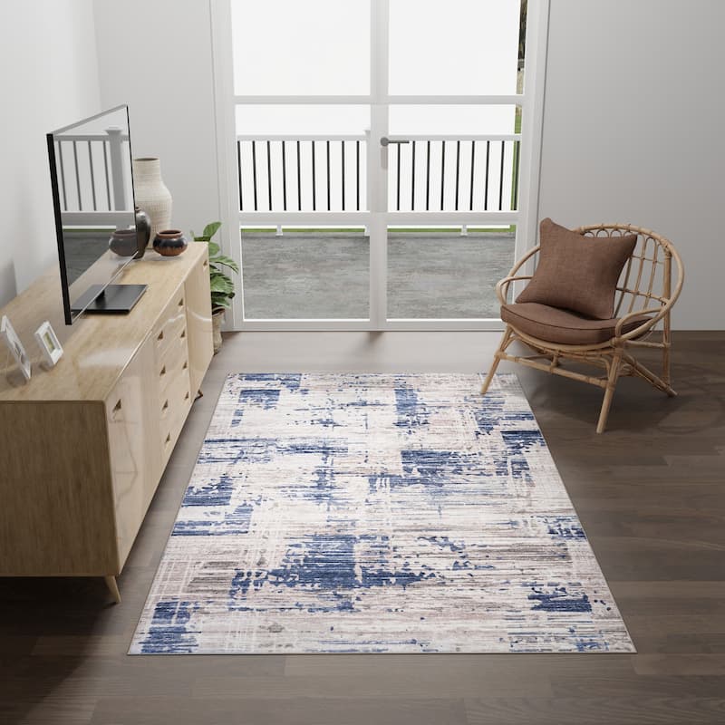Licensed HGTV Everyday Chic Soft Flannel Zero Pile Printed Non-Slip Washable Indoor Area Rug - Halden Blue - 5'x7'