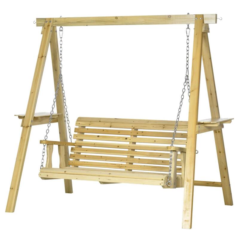 2-Seat Wooden Porch Swing, Stand, Side Tables, Metal Chains, Outdoor