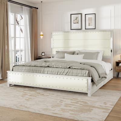King Size Bed Frame with Upholstered Headboard, 4 Storage Drawers & LED Lights, No Box Spring Required, Beige Faux Leather