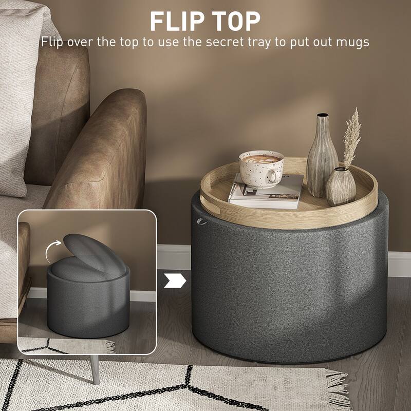 Dark Grey Storage Ottoman with Reversible Tray and Footrest Coffee Table and Extra Storage