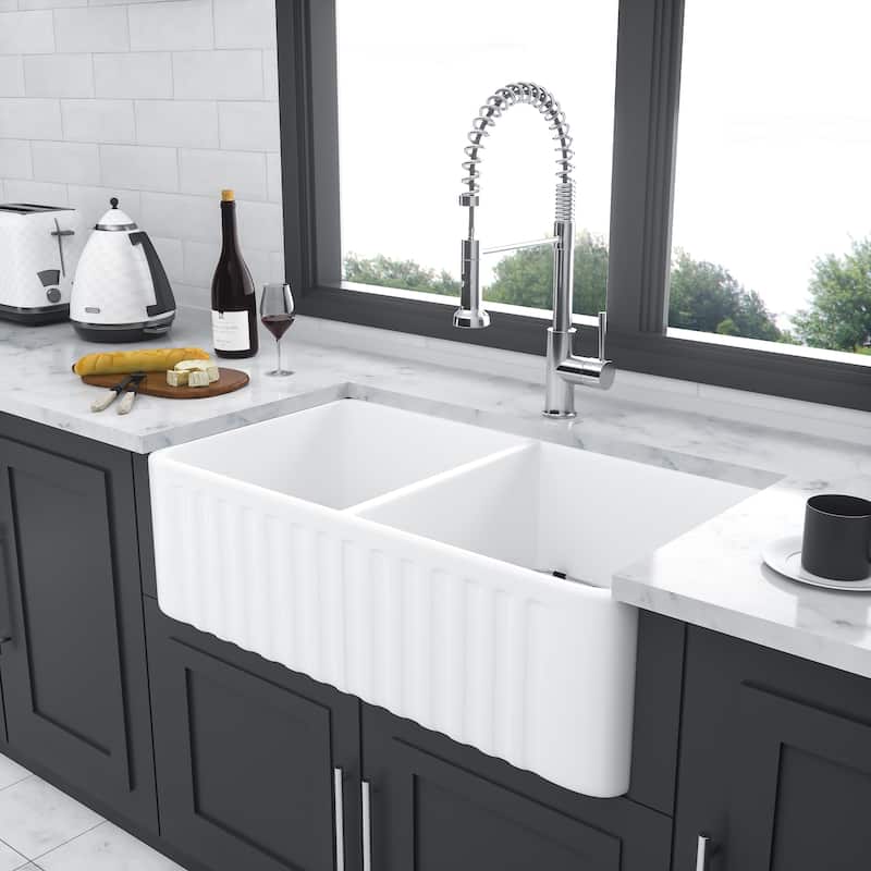 Farmhouse Kitchen Sink Apron Front Double Bowl 50/50 Ceramic Kitchen Farm Sink - White