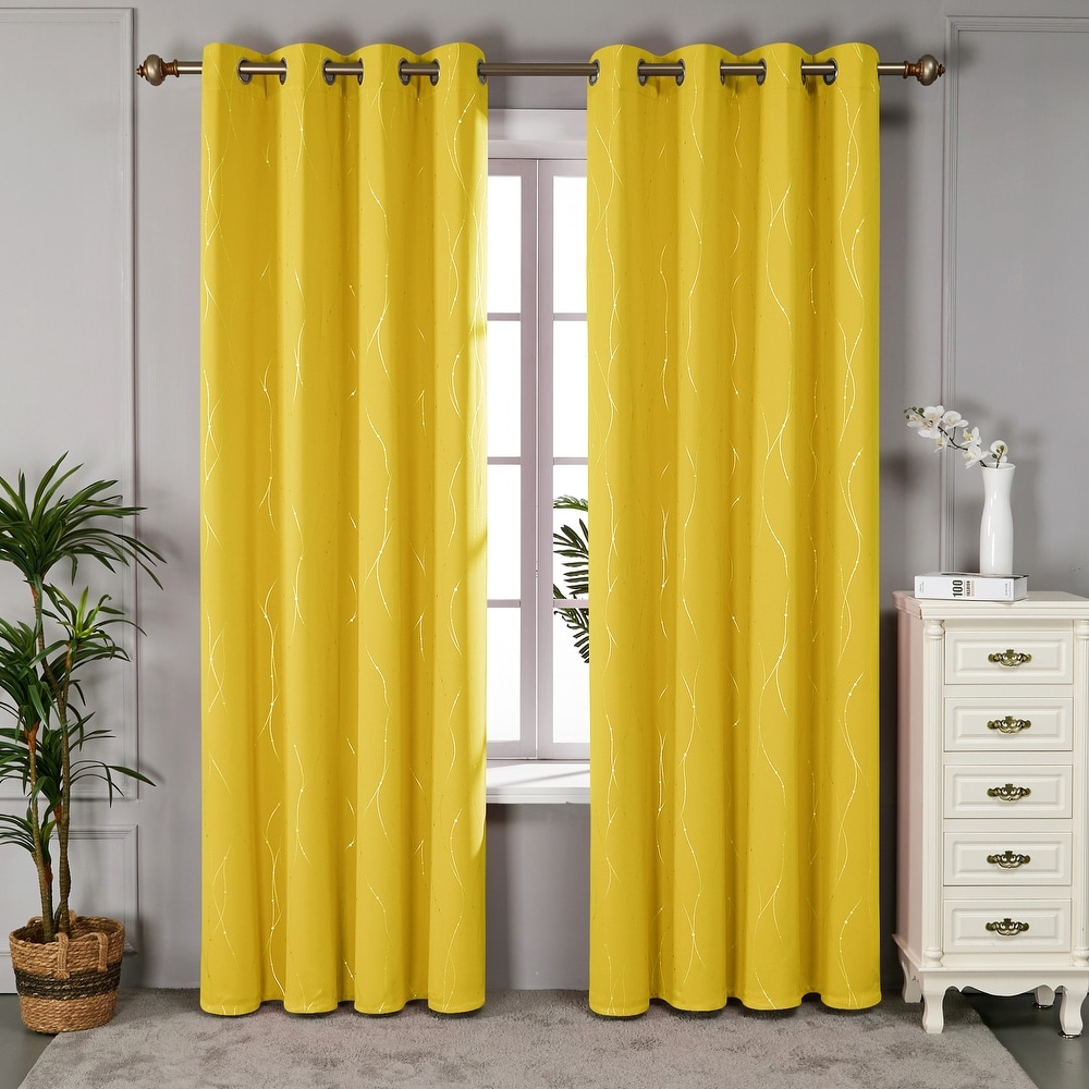 Yellow Embroidered Sheer Curtains 2 Panels, 84 Inch Length - Modern Geometric Pattern For Living Room & Bedroom - View #5