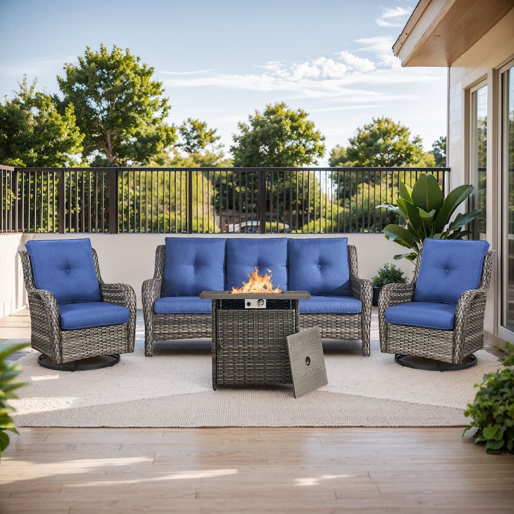 Fire Pit Table with Sofa and 2 Swivel Chairs Grey-Blue - Grey