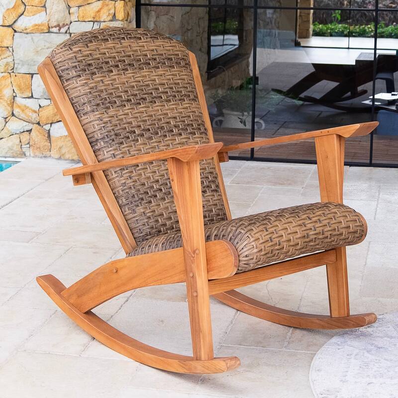 Cambridge Casual Camden 3-Piece Teak Wood Outdoor Rocking Chair Set with Padded Woven Seat