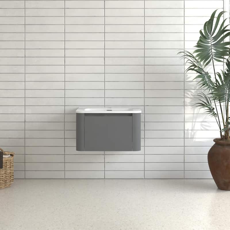 24" Grey Wall Mounted Bathroom Vanity With Basin Floating Vanity Drawer Bathroom Cabinet With White Ceramic Integrated Basin