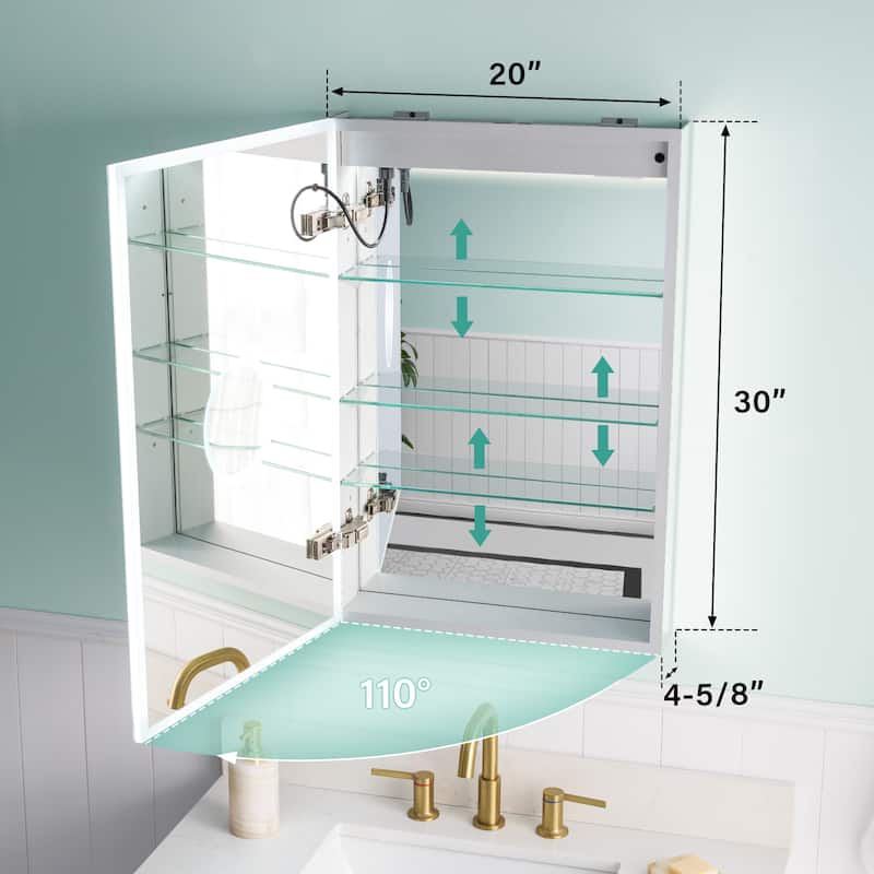 30'' H Recessed or Surface Frameless LED Mirror Cabinet With Defogger, Dimmer, Outlets & USB Ports 