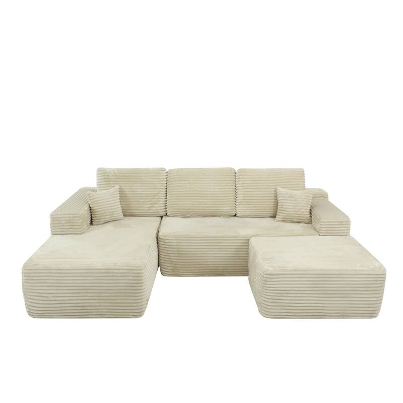 U-Shaped Sectional Couch Boneless Corduroy Couch with Chaise ‌and Ottoman‌, Upholstered Modular Lounger Sofa