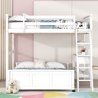 Full over Full Bunk Bed with Built-in Desk&Drawers, Wooden Separated High Loftbed and Platform Bedframe, for Kids Adults Bedroom
