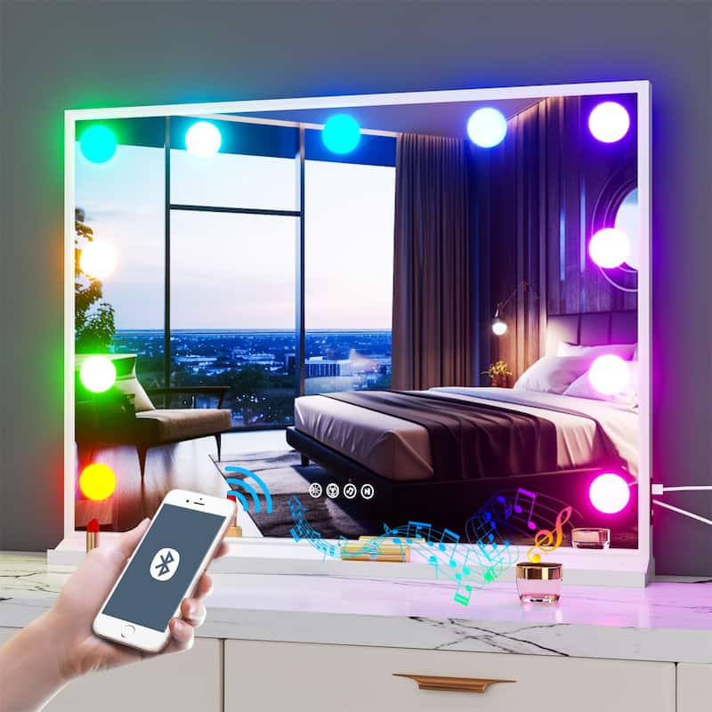 Hollywood LED Makeup Mirror Desktop Bluetooth RGB Vanity Mirror with USB Charging Port - White