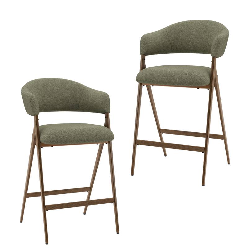 Ergonomic Counter Height Bar Stools with Curved Backrest & Breathable Fabric - Set of 2 - Green