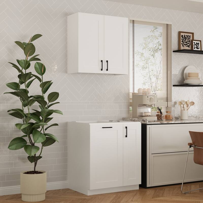Modular White Kitchen Cabinet Set Customizable Base and Wall Cabinets Pantry Storage and DIY Countertop Design(Without desktop)