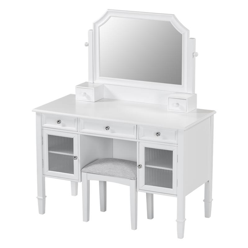 Vanity Desk with Large Adjustable Mirror, Large Wooden Dressing Table Set, Makeup Table with Fluted Door Glass & 5 Drawers