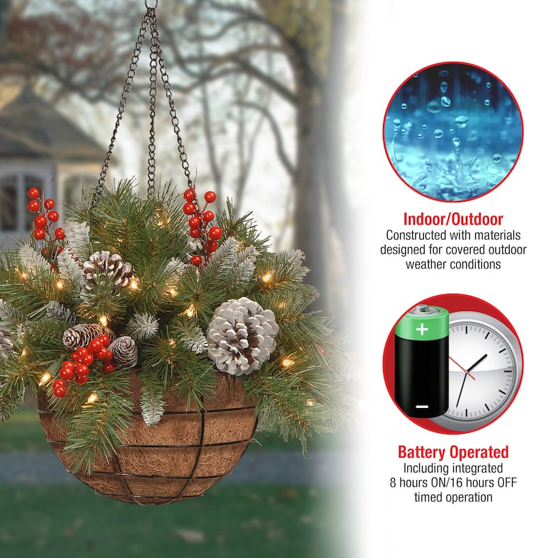 National Tree Company 20 in. Pre-lit Frosted Pine/ Red Berries Hanging Arrangement