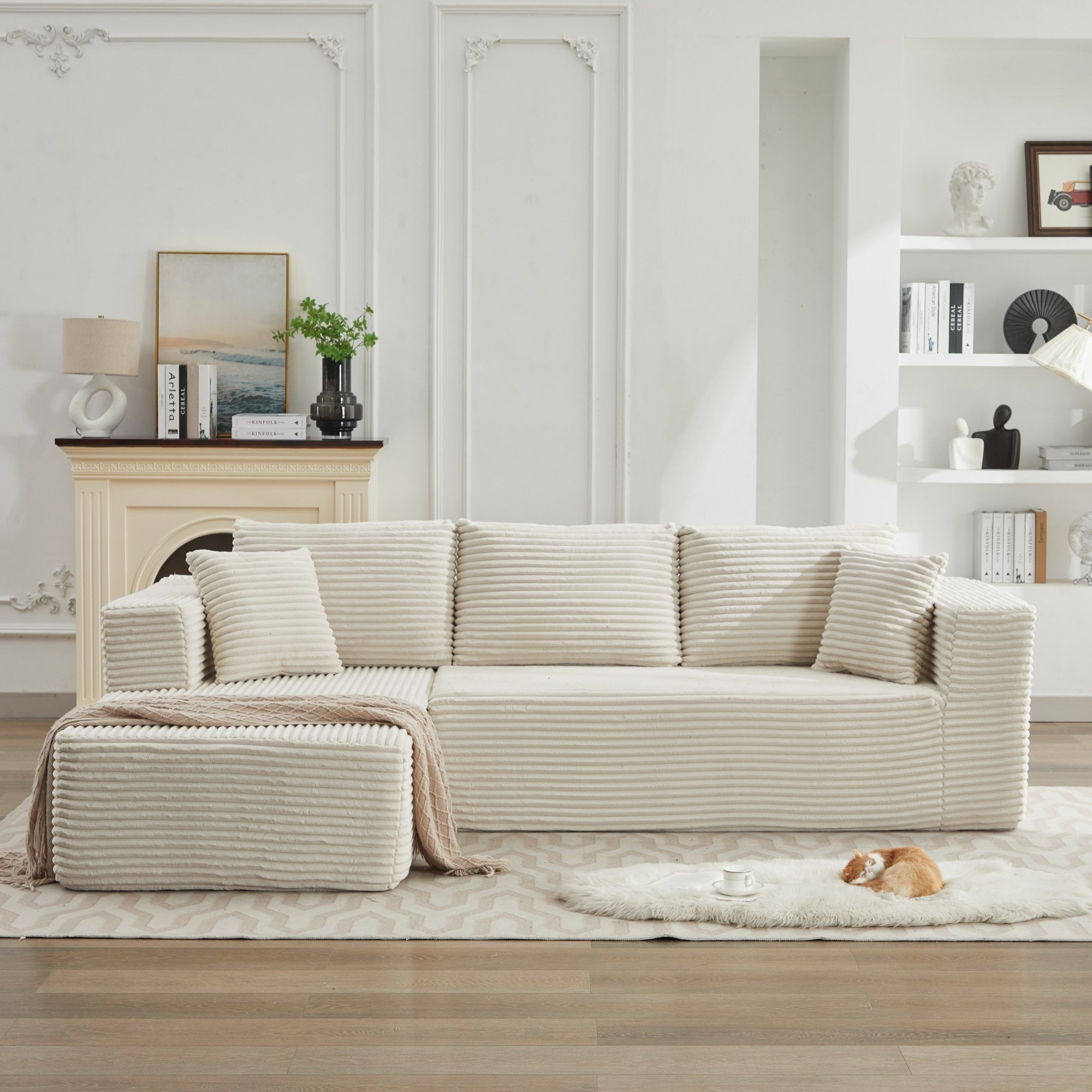 Modular Sectional Sofa with L-Shape Chaise, Oversized Corduroy Upholstered Cloud Sofa, Deep Seat Sofa with 2 Throw Pillows