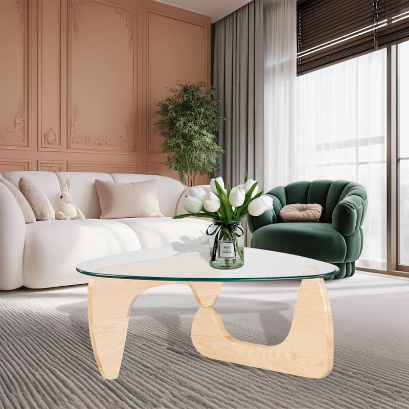 Modern Triangle Clear Glass Coffee Table with Wood Base