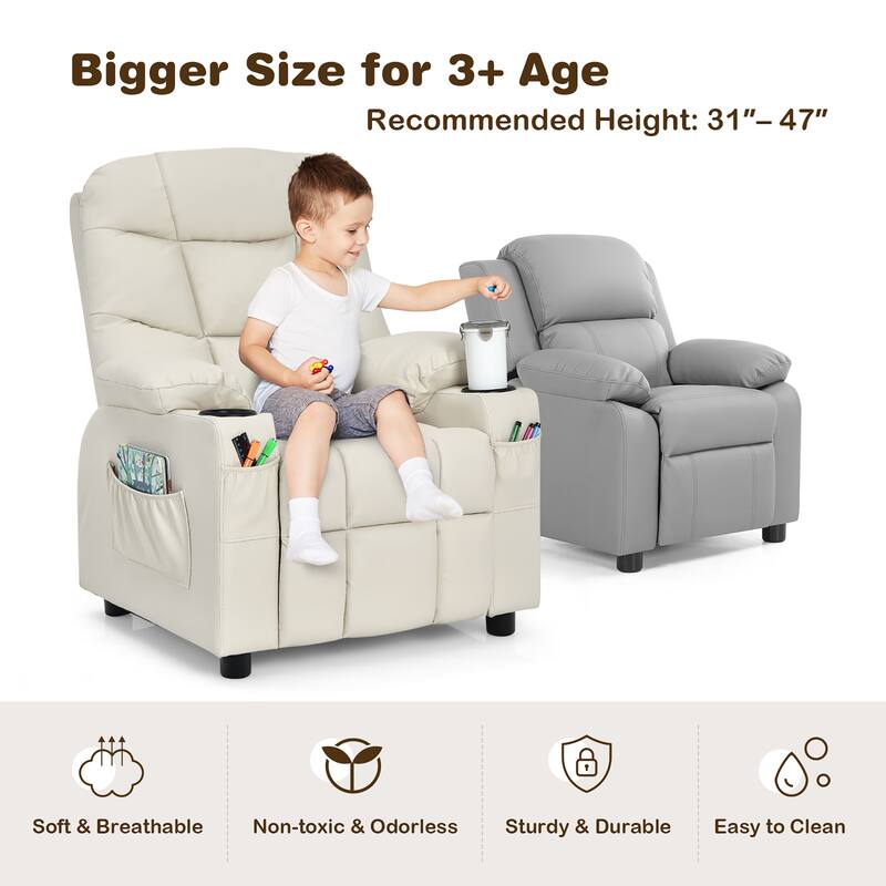 Costway Kids Youth Recliner Chair PU Leather w/Cup Holders & Side