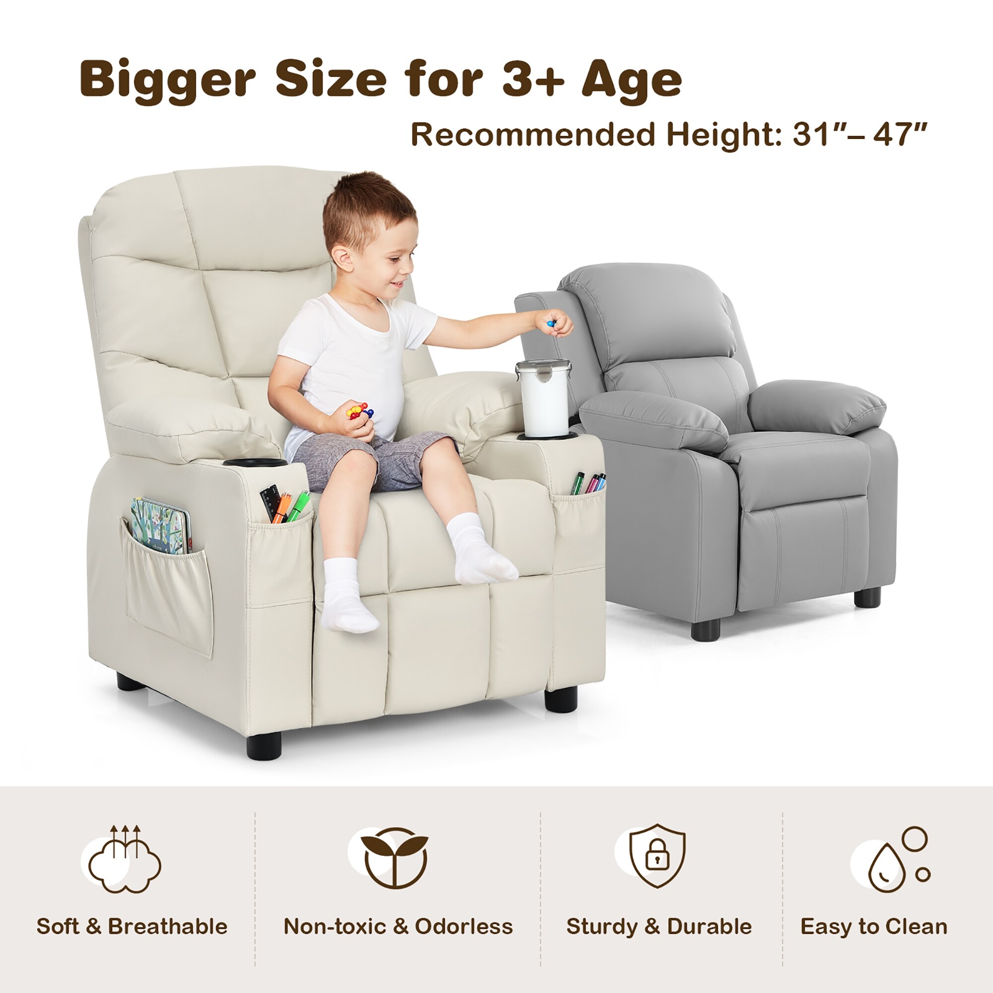 Costway Kids Youth Recliner Chair PU Leather w Cup Holders Side