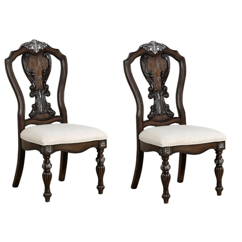 Naddy Side Dining Chair Set of 2, Ornate Carved Dark Brown Wood