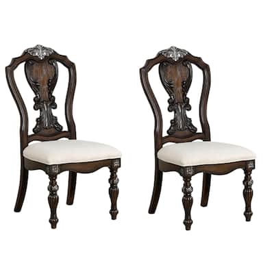 Naddy Side Dining Chair Set of 2, Ornate Carved Dark Brown Wood