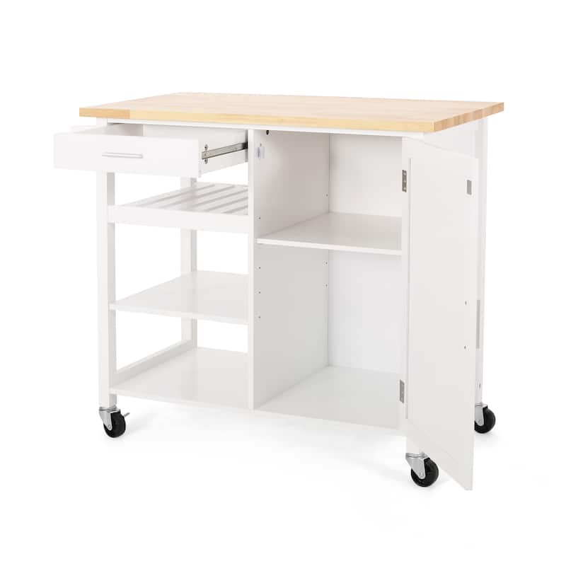 Contemporary Kitchen Cart with Rubberwood Top, Multi-Function Storage Drawer, Open Shelves, Rolling Casters with Locks