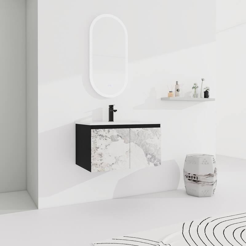 Plywood Wall Mounting Bathroom Vanity Set in Black with Integrated Ceramic Sink