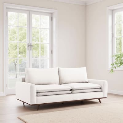 Yaana Sofa with Feather Blend Pillows, Dark Brown Wood, White 83 Inch