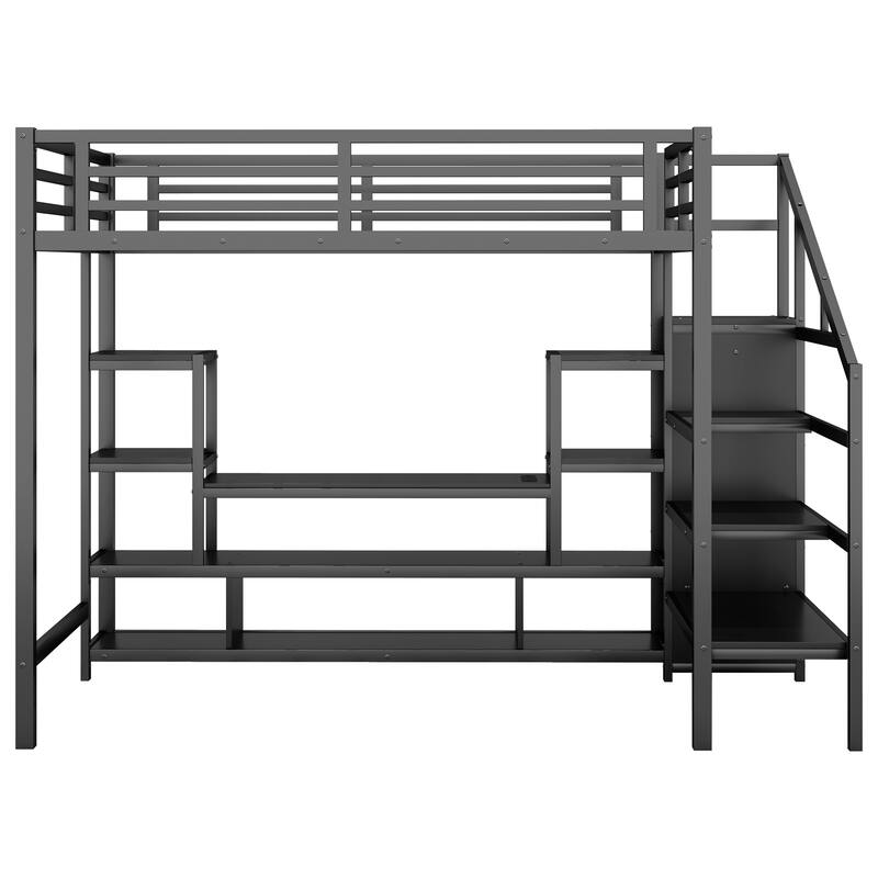 Full Size Metal Loft Bed with TV Stand, Staircase, Wardrobe, and LED Light Strip