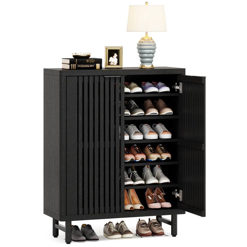Wooden Shoe Cabinet with Shutter Doors, Adjustable Shelves Large Hidden Storage Organizer Rack for Entryway Hallway