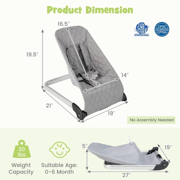 dimension image slide 2 of 3, Baby Bouncer Seat with Aluminum and Metal Frame - 21”L x 19”W x 19.5”H