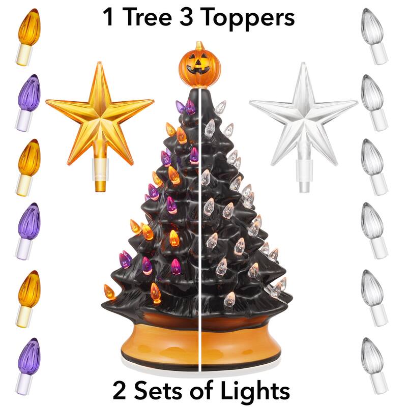 15in Hand Painted Ceramic PreLit Halloween Tree w Pumpkin and Star