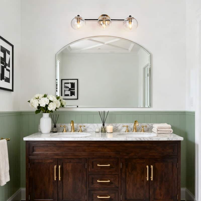 Mid-Century Modern 3-Light Black Gold Bathroom Vanity Light Globe Glass Wall Sconces - 24.5" L x 7.5" W x 8" H