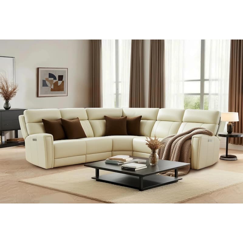 5PCS, 3 power Recliners, Genuine Leather Reclining Sectional with Power headrest, USB & USB-C Ports - Cream