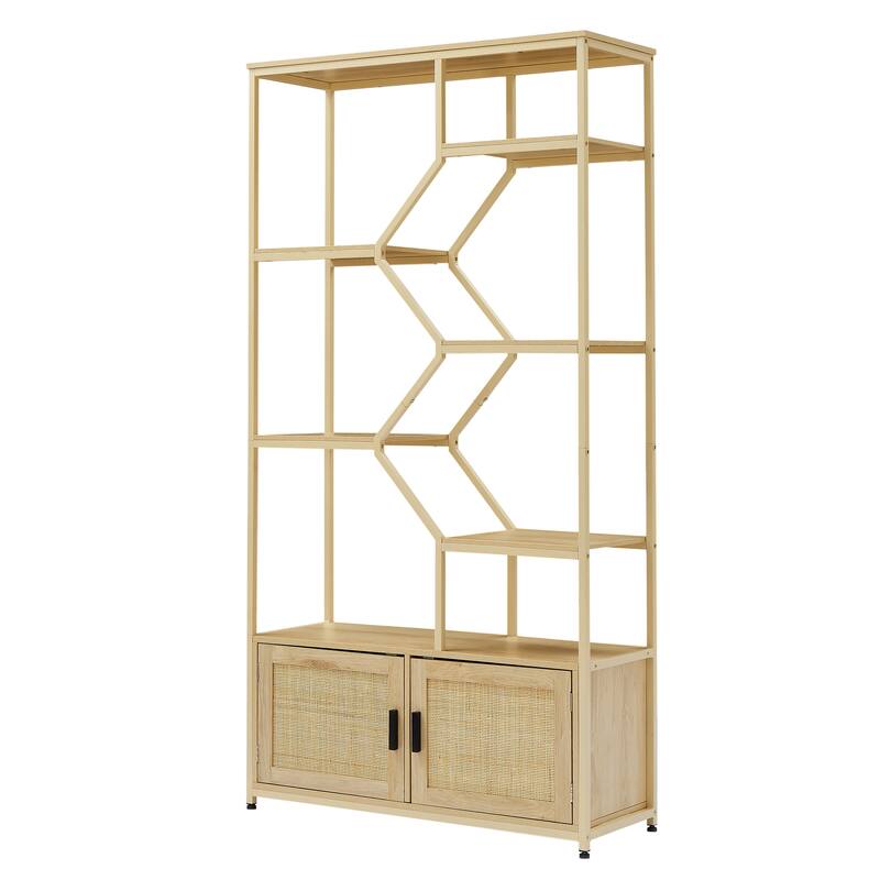Rattan Bookshelf Storage Rack with Cabinet and 7 Open Display Shelves
