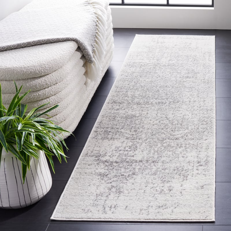SAFAVIEH Madison Delois Medallion Rustic Farmhouse Distressed Rug - 2'3" x 18' Runner - Silver/Ivory