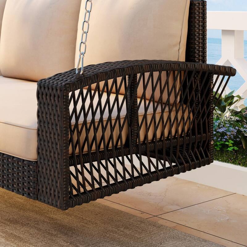 3-Person Wicker Porch Swing with Chains and Cushions for Relaxing in Your Backyard or Garden