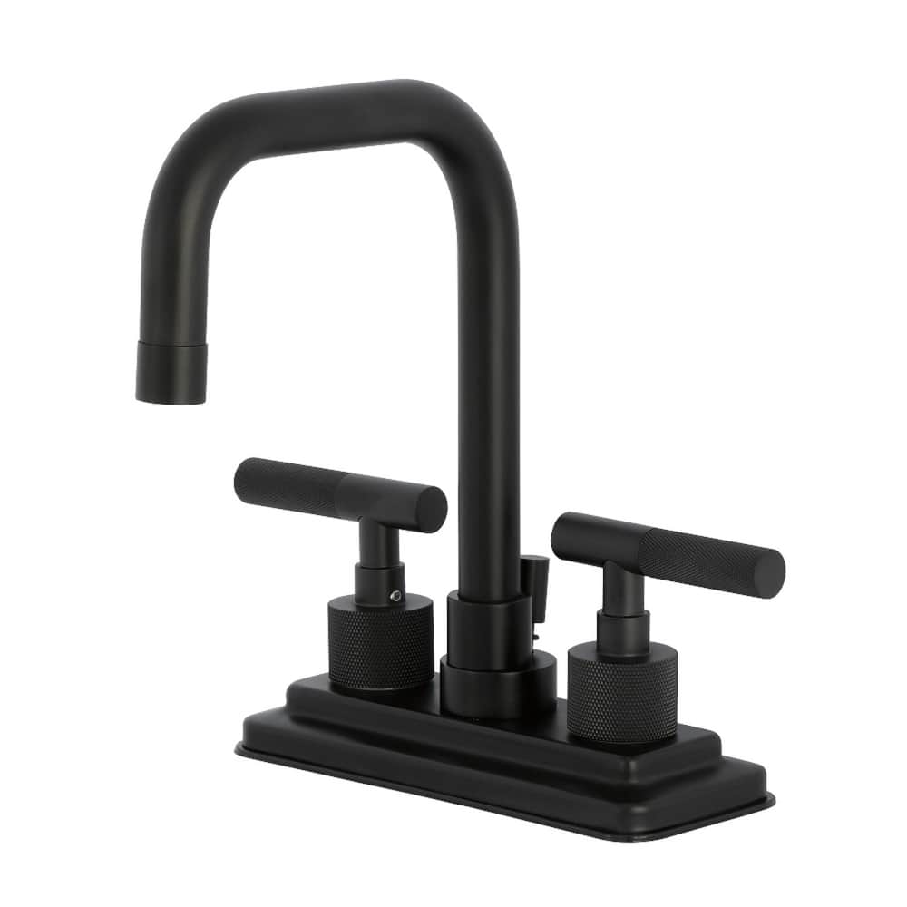 Kingston Brass Convergent Two-Handle 3-Hole Deck Mount 4" Centerset Bathroom Faucet with Knurled Handle and Brass Pop-Up Drain