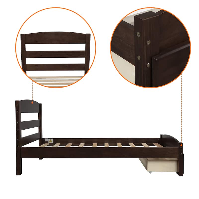 Platform Twin Bed Frame with Storage Drawer and Wood Slat Support No Box Spring Needed, White