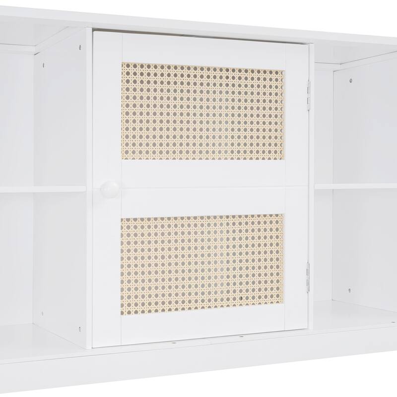 Wood Full Size Daybed with Built-In Storage Cabinet, Shelves & Twin Trundle, Rattan Accent, No Box Spring Needed