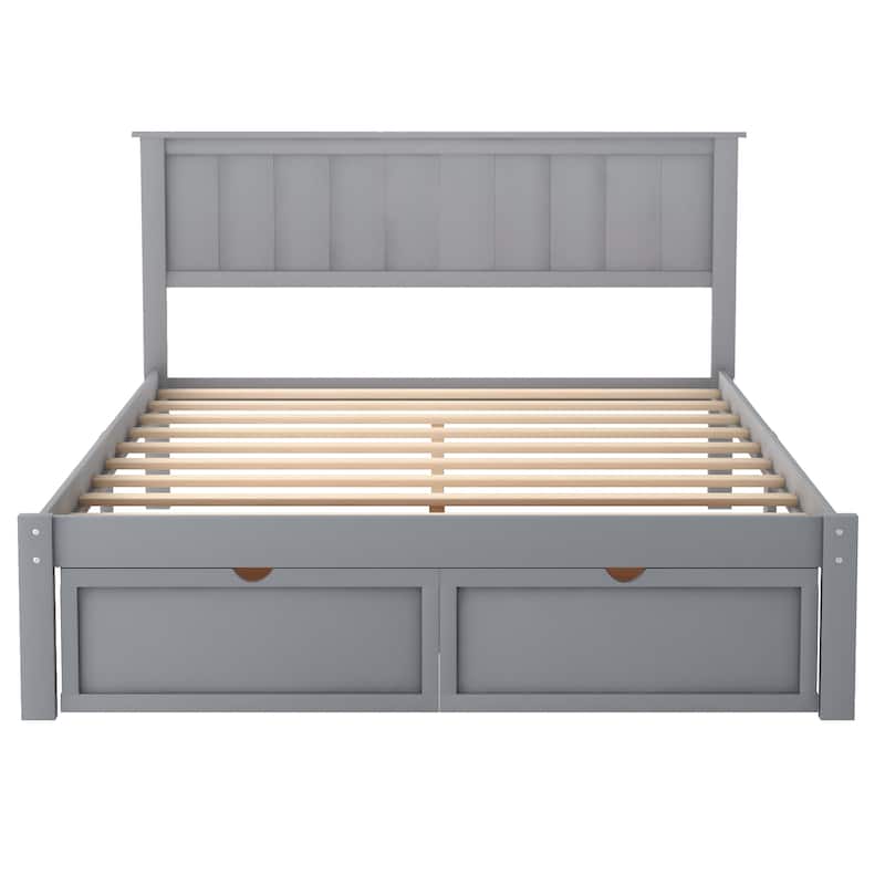 Full Size Platform Bed with Underbed Drawers, Pine Wood and MDF
