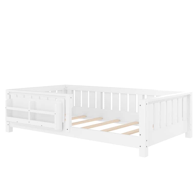 Low Profile Montessori Bed Floor Platform Bed with Fence and Bookshelf