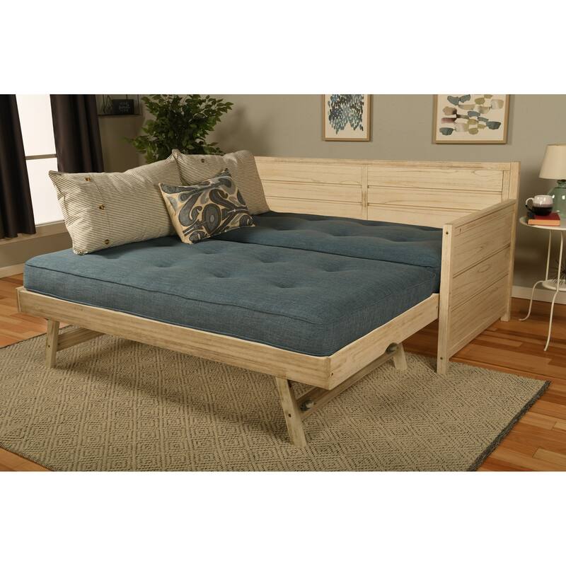 Somette Marisa Daybed with Pop Up Trundle in Weathered White with Mattresses - Linen Aqua