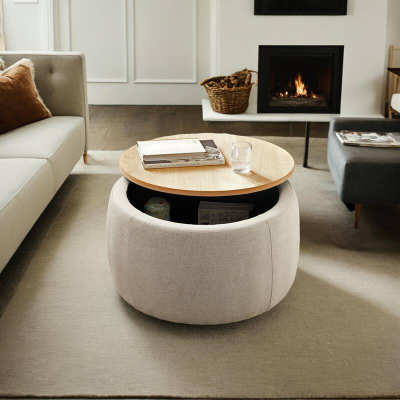 Round storage Ottoman, 3-in-1 features Ottoman coffee table, handmade end table