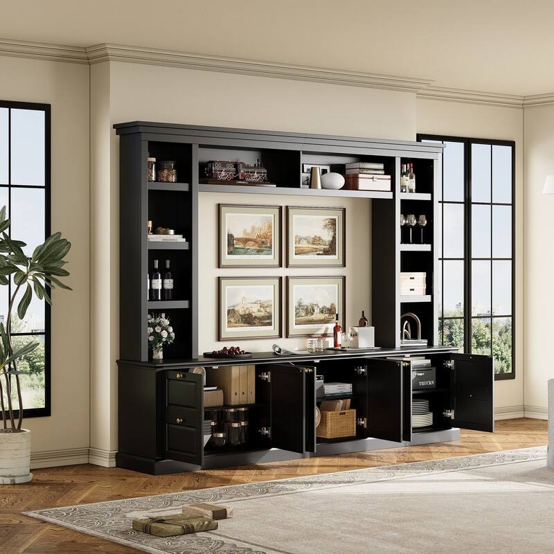 Mid-Century Modern Wall Unit Entertainment Center With Bookshelf For Tvs Up To 70", 94.8" TV Stand With Adjustable Shelf