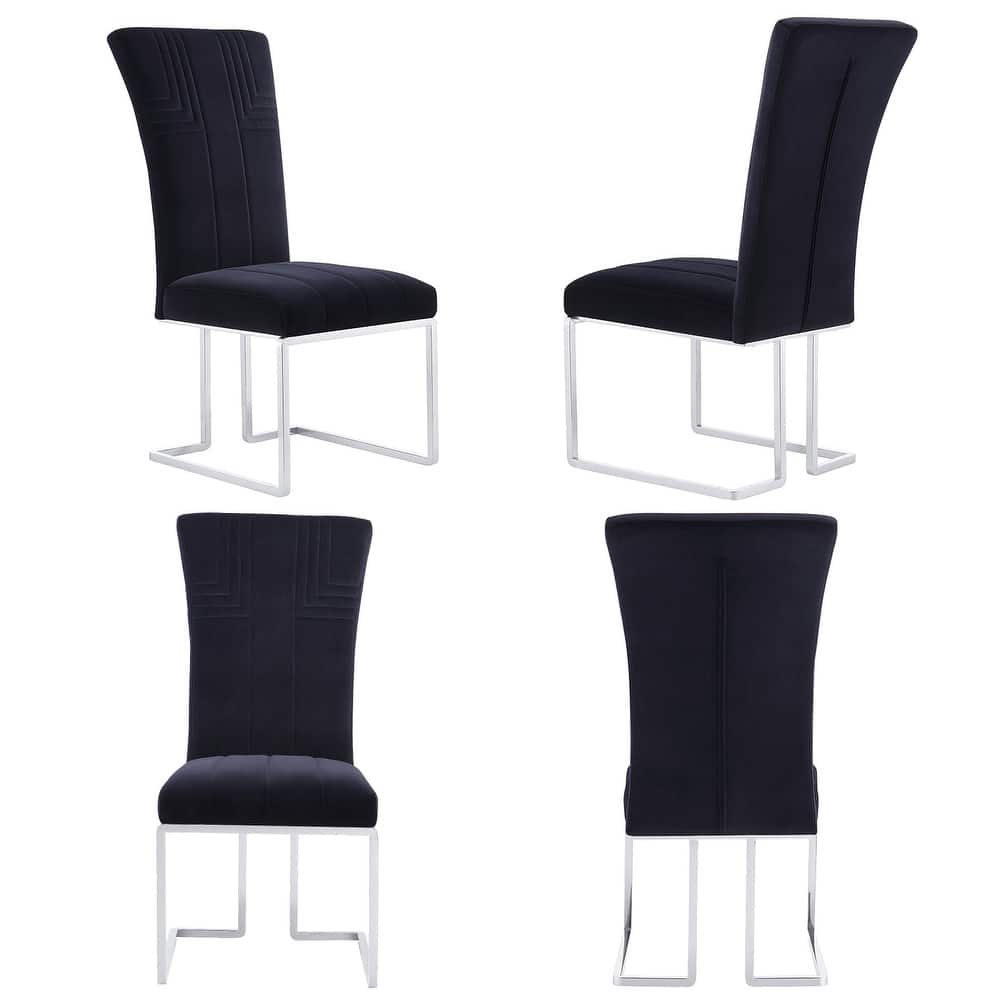 Modern Black Velvet Dining Room Chairs with Mirrored Silver Sled Legs