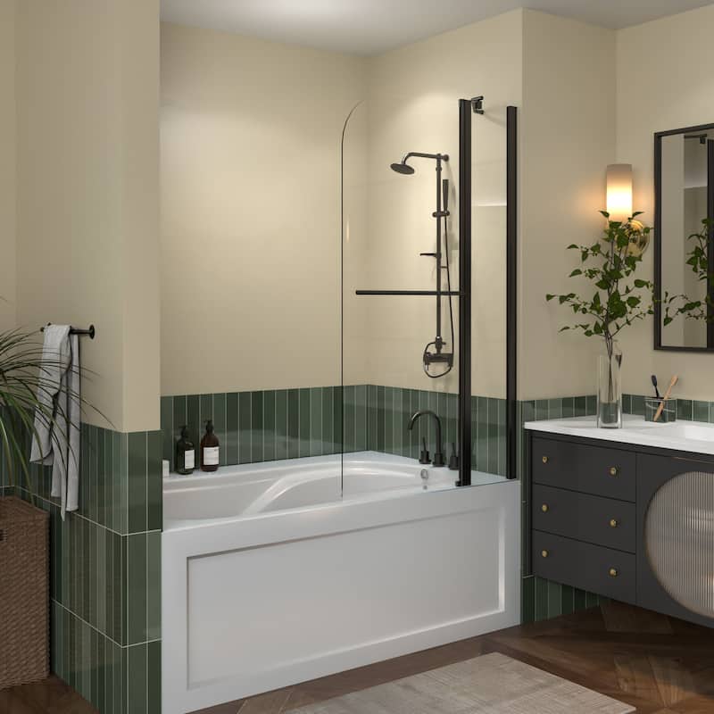 58''H Bathtub 6mm Tempered Glass Frameless Shower Door, Fixed Glass Half Panel in Black
