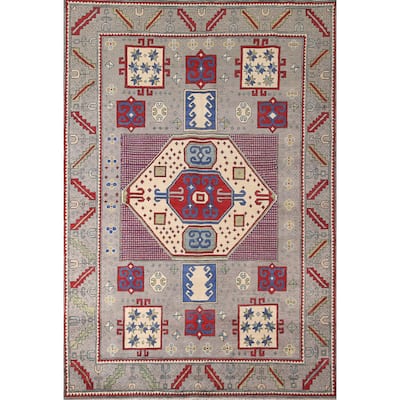 Geometric Gray Kazak Oriental Area Rug Handmade Wool Carpet - 6'4" x 9'0"
