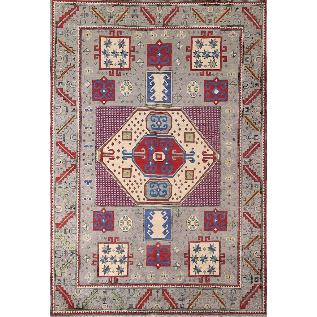 Geometric Gray Kazak Oriental Area Rug Handmade Wool Carpet - 6'4" x 9'0"