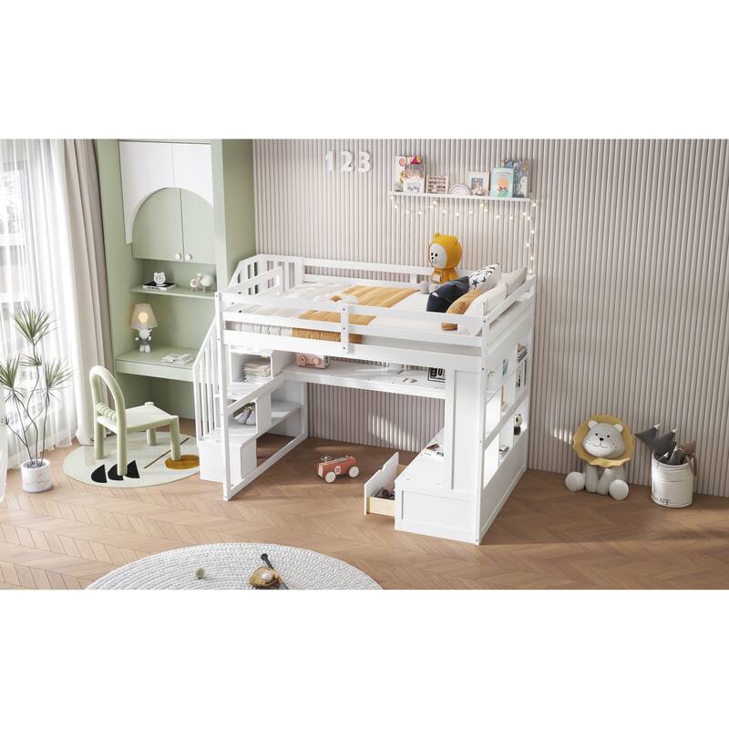 Full Loft Bed with Desk, Shelving, Storage Stairs, and Drawers - Ideal Space-Saving Bed for Kids & Teens